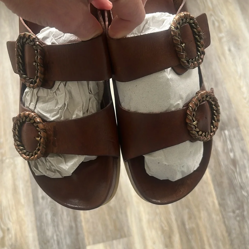 Antenora brown Leather Sandals size 39 or 9 slides handmade Italy buckles NEW